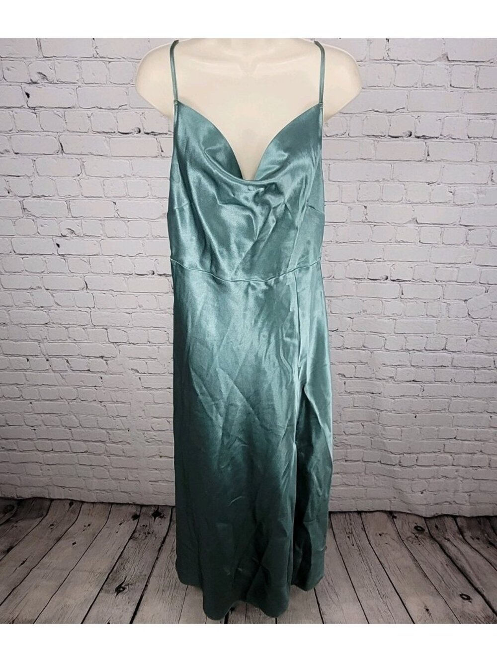 Birdy Grey Green Satin Sheen Cowl Neck Side Slit Maxi Dress Gown Size Medium M